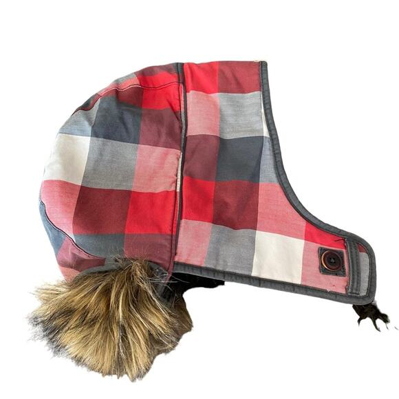 Abercrombie & Fitch Plaid Trapper Faux Fur Hat NWTS Red Gray One Size o/s